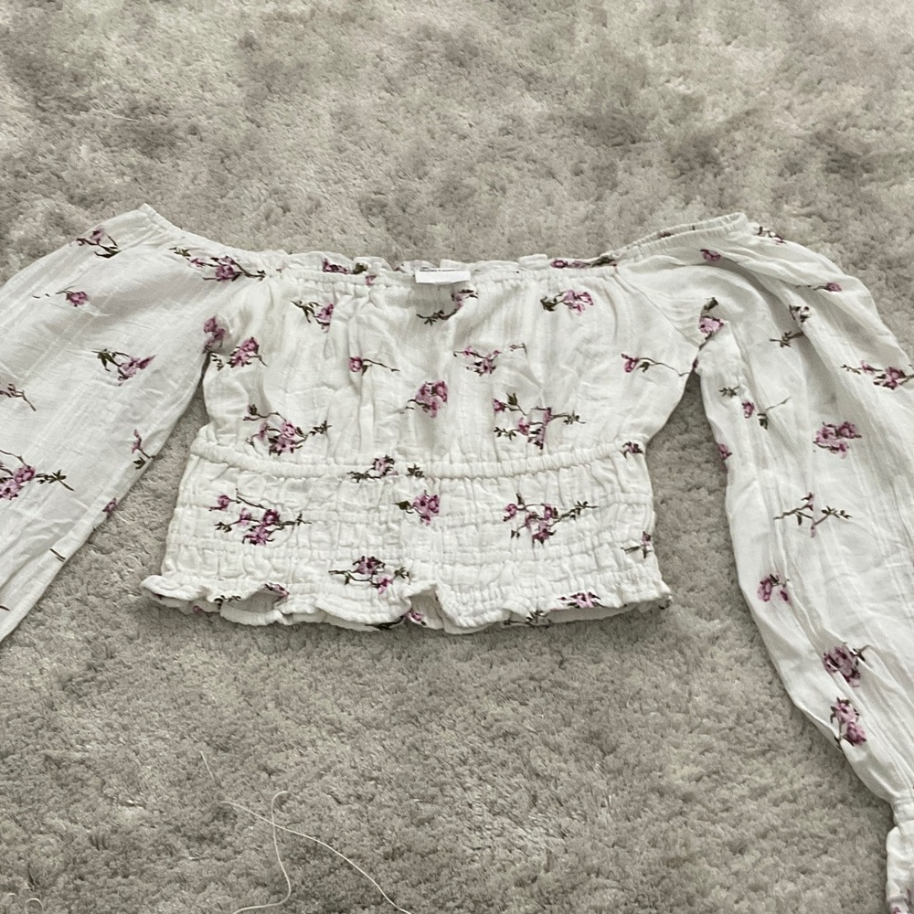 Skylar + Madison Slightly Cropped White Floral Off-Shoulder Blouse